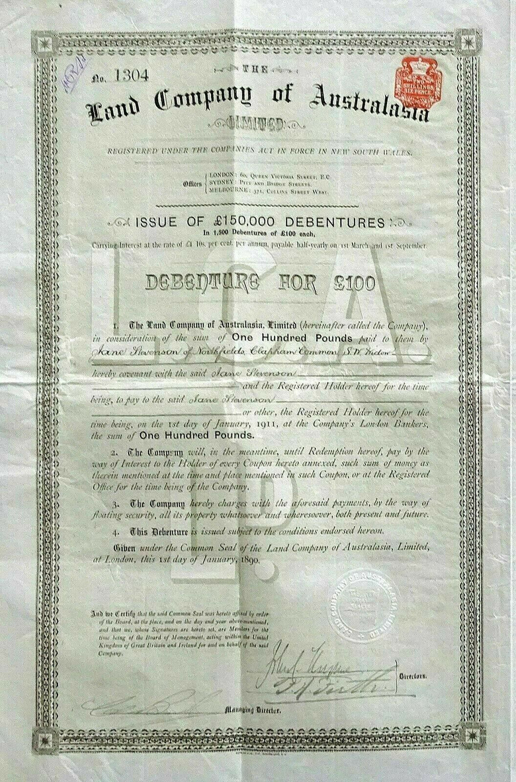 The Land Company of Australasia Limited 1890 New South Wales Stock Bond Certificate