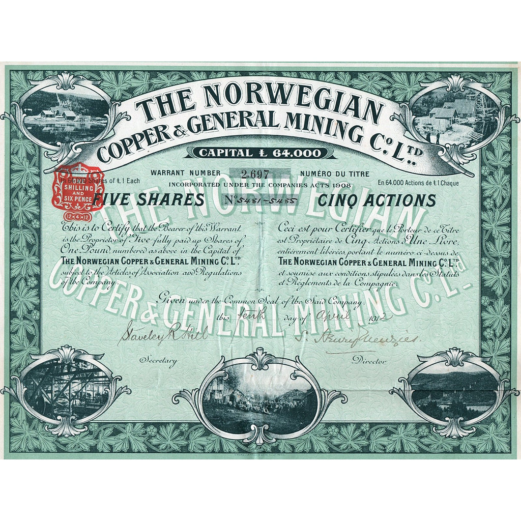 The Norwegian Copper & General Mining Co. Ltd. 1912 Norway Stock Certificate