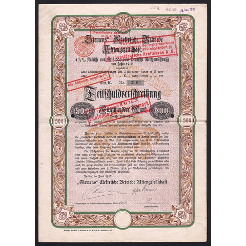 Siemens Elektrische Betriebe Aktiengesellschaft 1912 Germany Bond Certificate