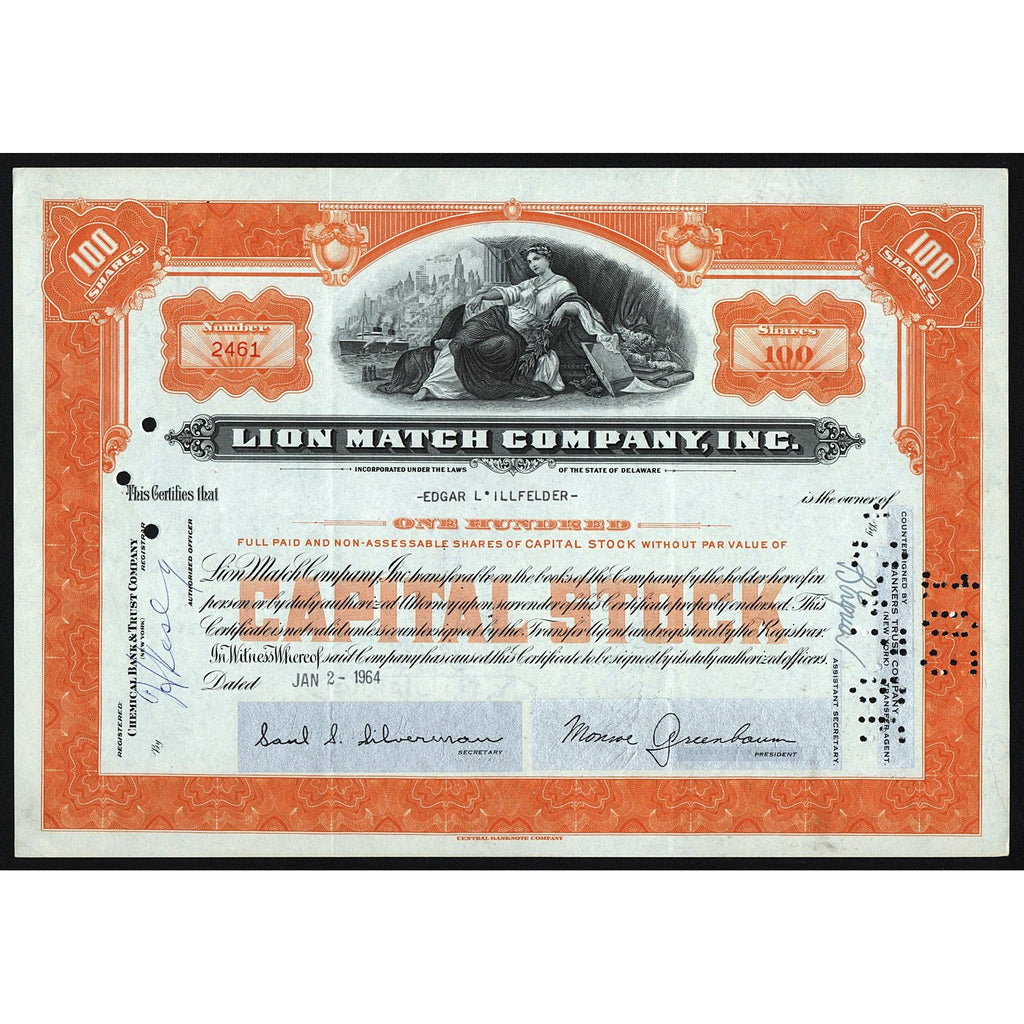 Lion Match Company, Inc. Stock Certificate