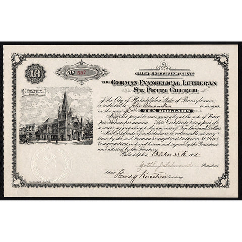 The German Evangelical Lutheran St Petri Church 1905 Stock Certificate