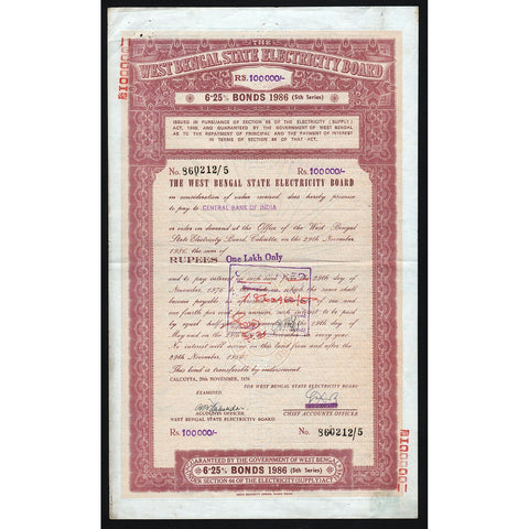West Bengal State Electricity Board 1986 India Bond Certificate