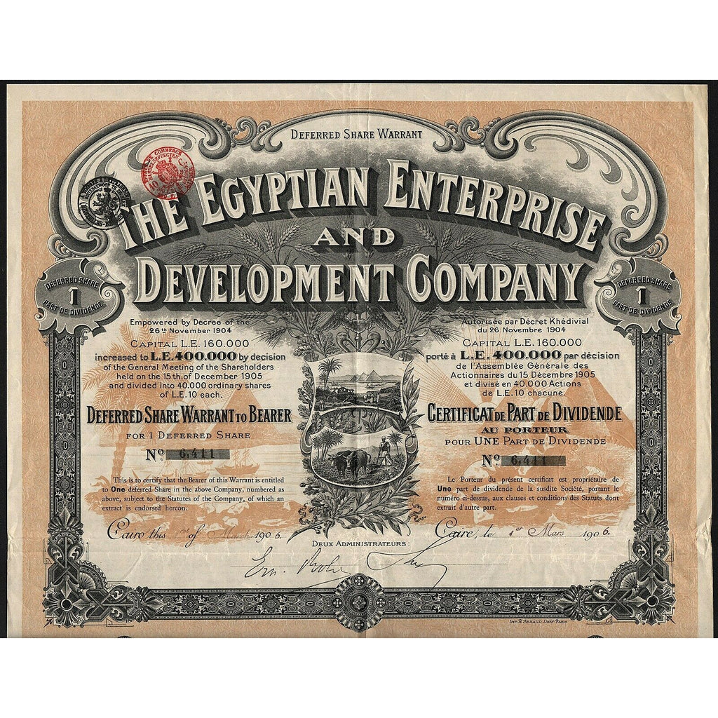 The Egyptian Enterprise and Development Company 1906 Egypt Share Certificate