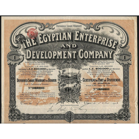 The Egyptian Enterprise and Development Company 1906 Egypt Share Certificate