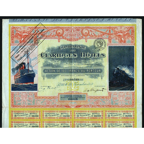 Compagnie des Claridges Hotels 1921 Stock Certificate