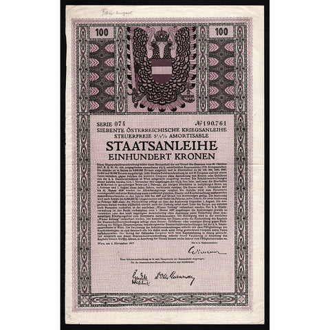 Siebente Österreichische Kriegsanleihe 1917 Austria War Bond Certificate