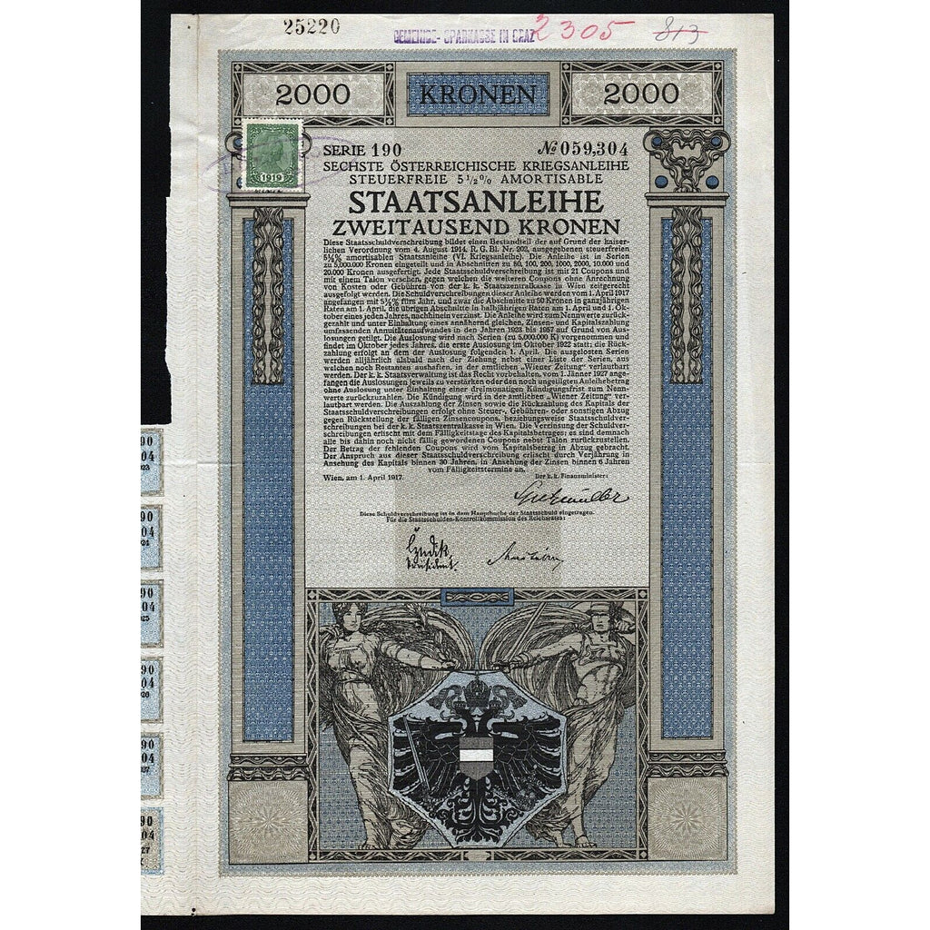 Sechste Österreichische Kriegsanleihe 1917 Austria War Bond Certificate