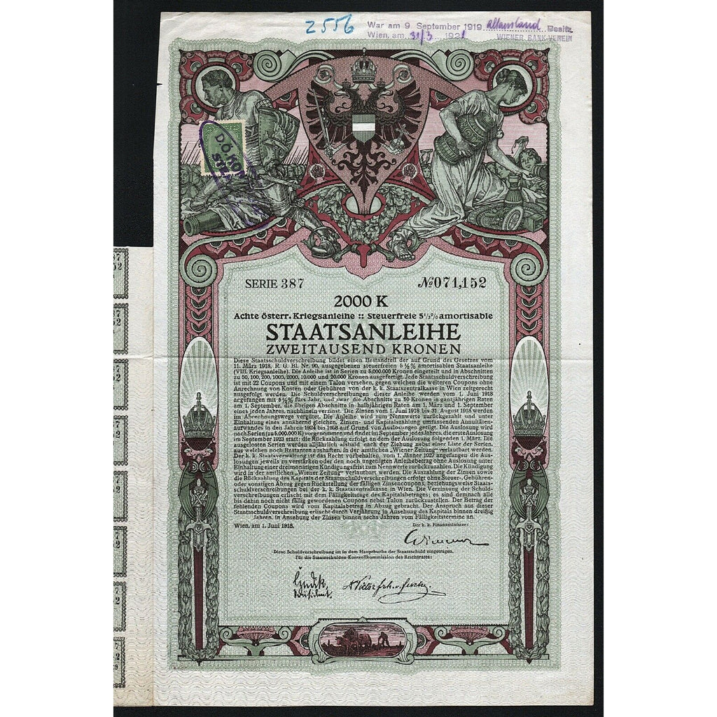 Achte Österreichische Kriegsanleihe 1918 Vienna Wien Austria War Bond Certificate