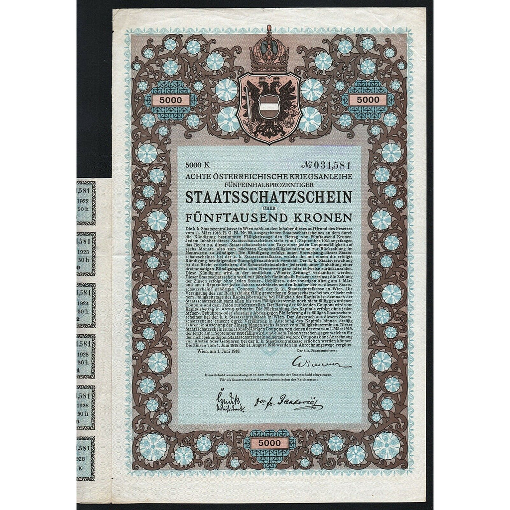 Achte Österreichische Kriegsanleihe 1918 Austria War Bond Certificate