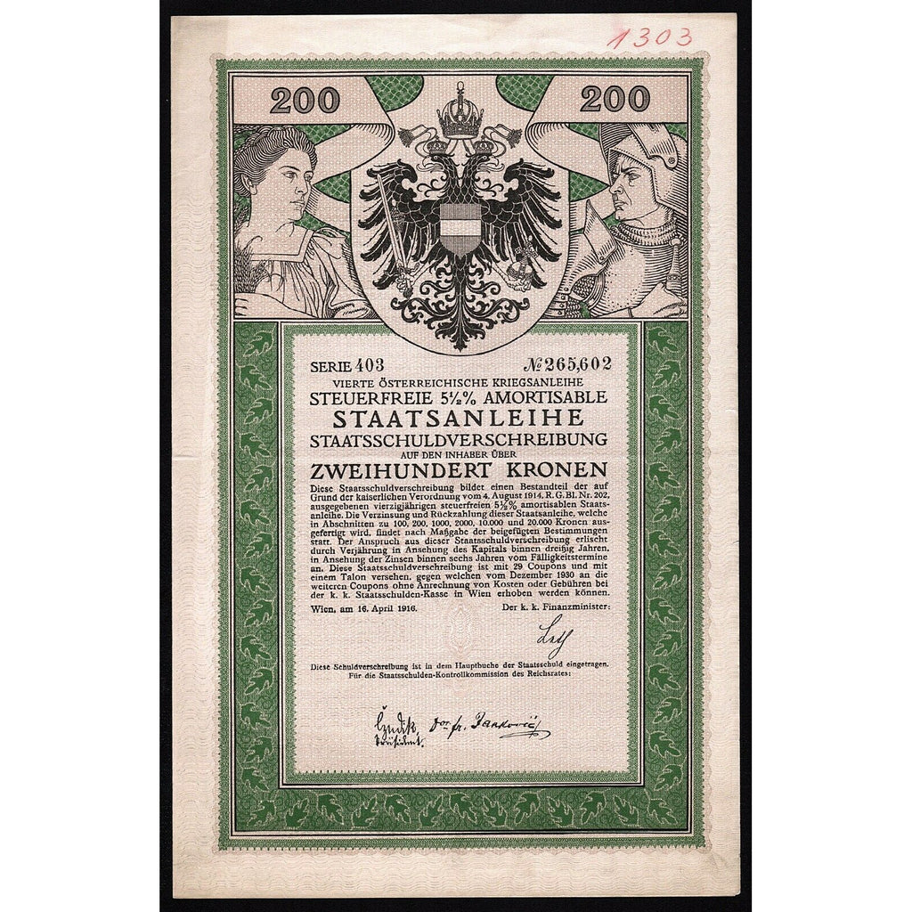 Vierte Österreichische Kriegsanleihe 1916 Austria War Bond Certificate