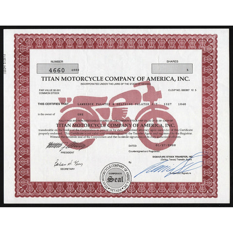 Titan Motorcycle Company of America, Inc. Nevada Stock Certificate
