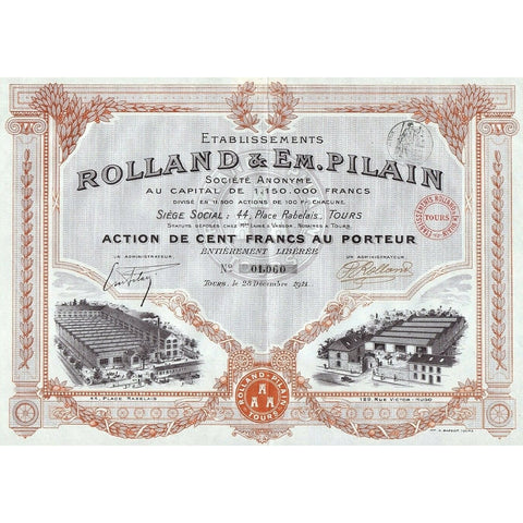 Etablissement Rolland & Em. Pilain 1911 Tours France Stock Certificate Automobiles