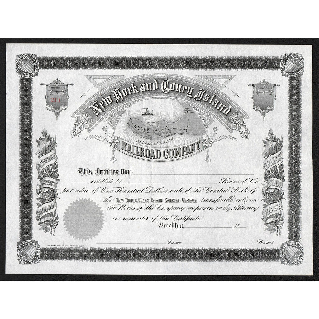 New York and Coney Island Railroad Company Stock Certificate