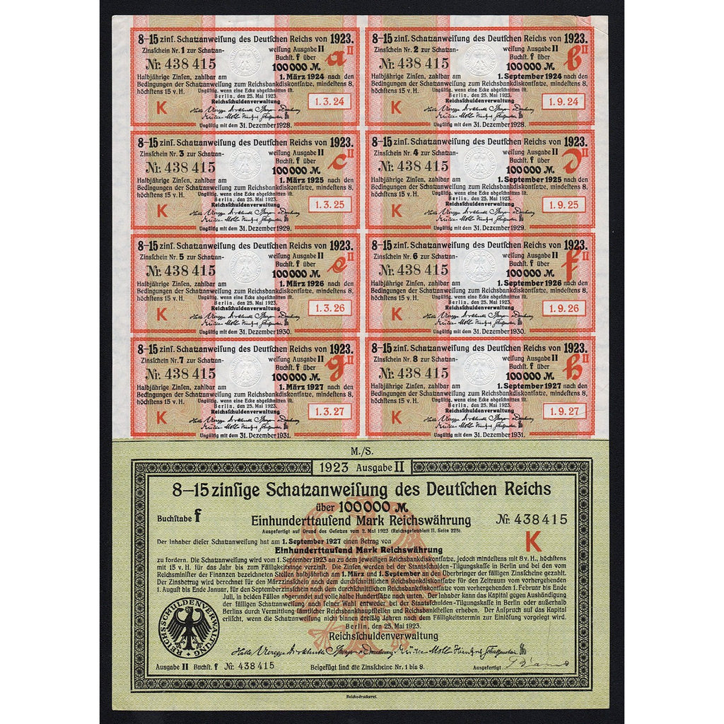 Schatzanweisung des Deutschen Reichs 1923 Germany 100,000 Mark Treasury Bond Certificate