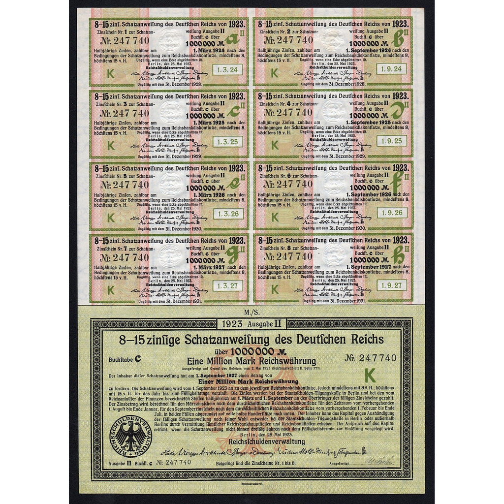 Schatzanweisung des Deutschen Reichs 1923 Germany Million Mark Treasury Bond Certificate