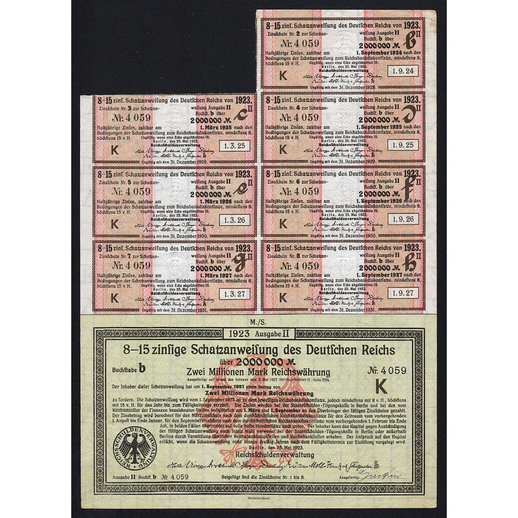 Schatzanweisung des Deutschen Reichs 1923 Germany 2,000,000 Mark Treasury Bond Certificate