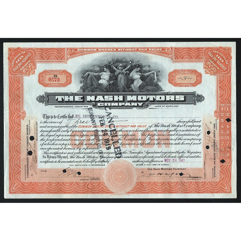 The Nash Motors Company 1917 Maryland Stock Certificate Automobiles