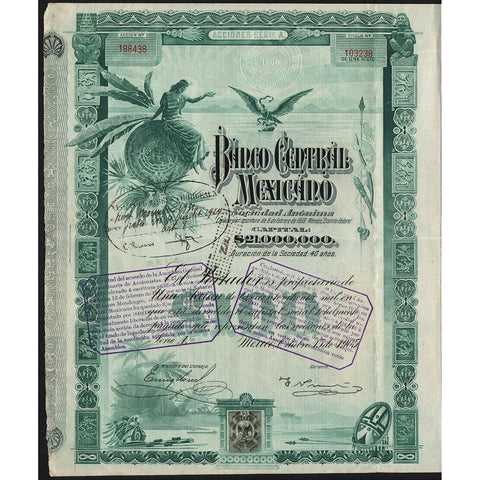 Banco Central Mexicano Sociedad Anonima "Blueberry" 1905 Mexico Stock Certificate
