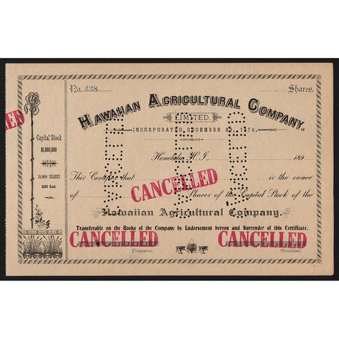 Hawaiian Agricultural Company, Limited 1876 Hawaii Stock Certificate