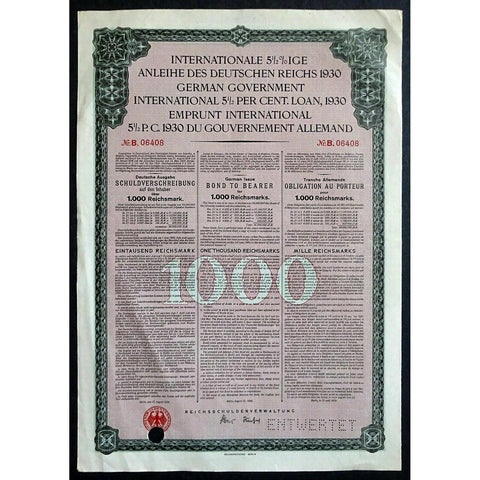 1930 Internationale 5½% Anleihe des Deutschen Reichs, 1000 Reichsmark Bond Certificate