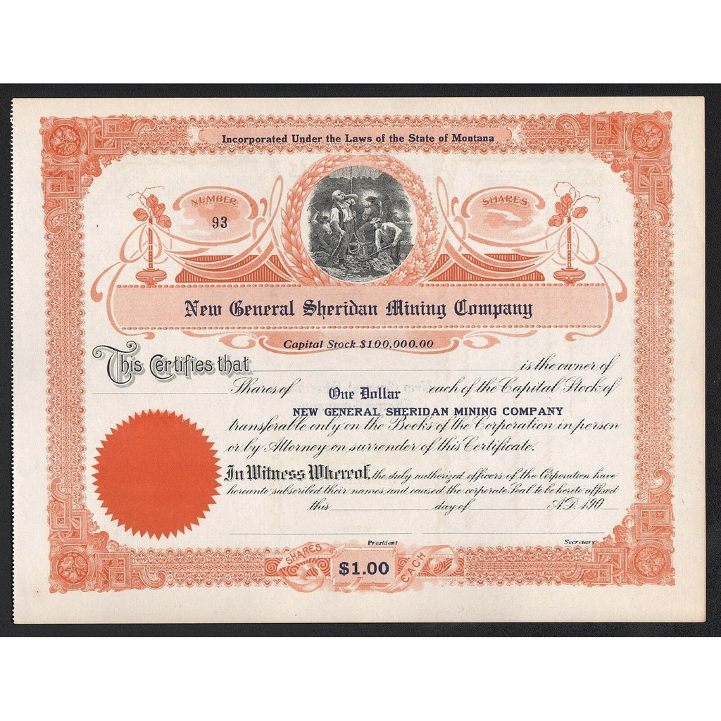 New General Sheridan Mining Company Monana Stock Certificate