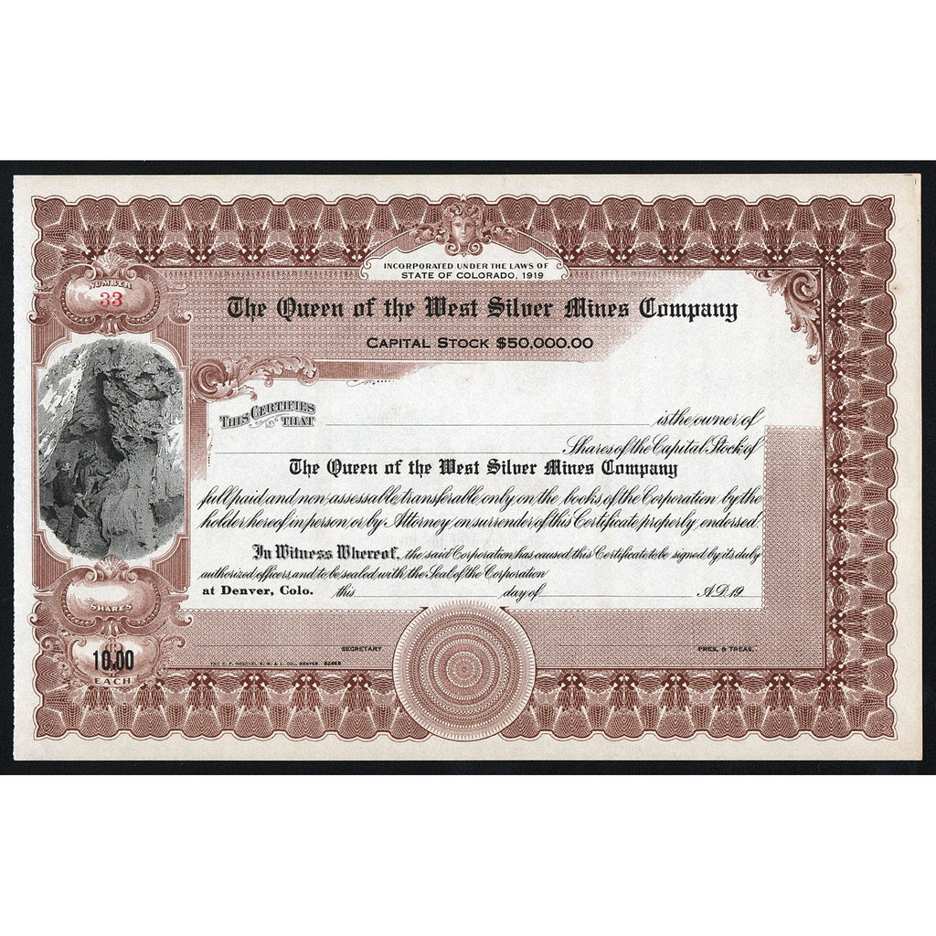 The Queen of the West Silver Mines Company Colorado Stock Certificate