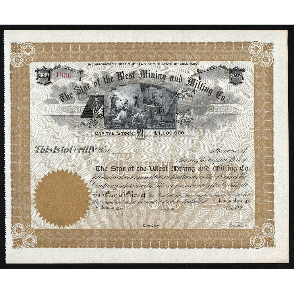 The Star of the West Mining and Milling Co. Colorado Stock Certificate