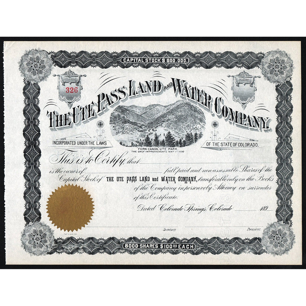 The Ute Pass Land and Water Company Colorado Springs Stock Certificate