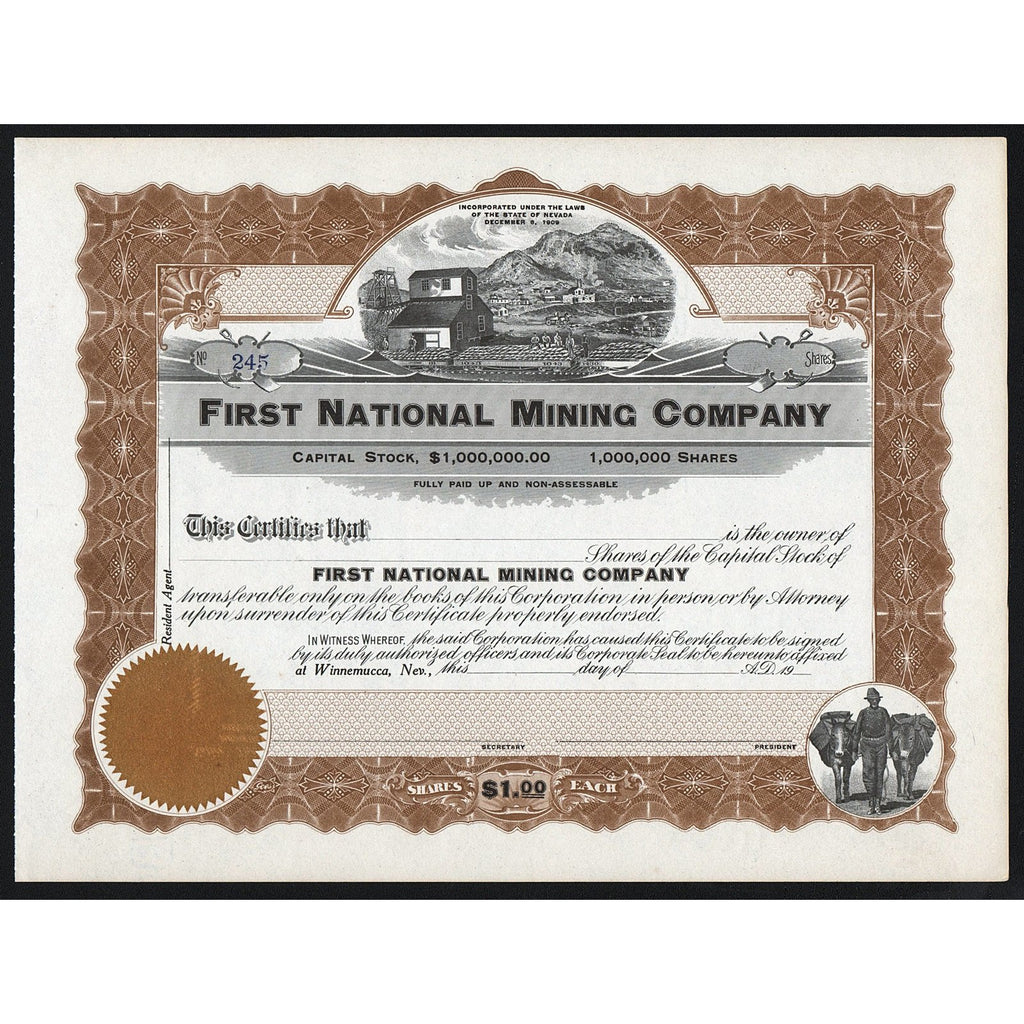 First National Mining Company Winnemucca Nevada Stock Certificate