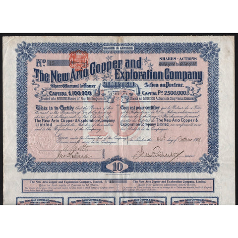 The New Ario Copper and Exploration Company 1898 South Africa Stock Certificate
