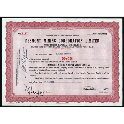Desmont Mining Corporation Limited Ontario Canada Stock Certificate