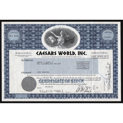 Caesars World, Inc. Casino Stock Certificate