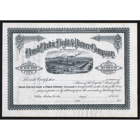 Brush Electric Light & Power Company of Helena M.T. Stock Certificate