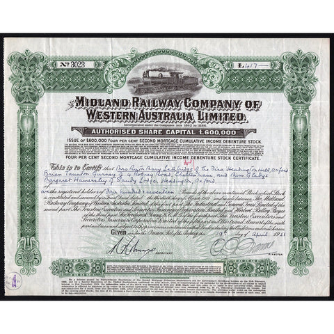 1951 The Midland Railway Company of Western Australia Bond Certificate