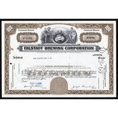 Falstaff Brewing Corporation Beer Brewery Stock Certificate