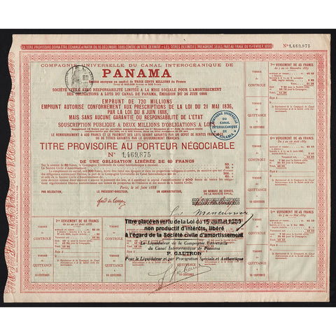 Compagnie Universelle du Canal Interoceanique de Panama 1888 Bond Certificate