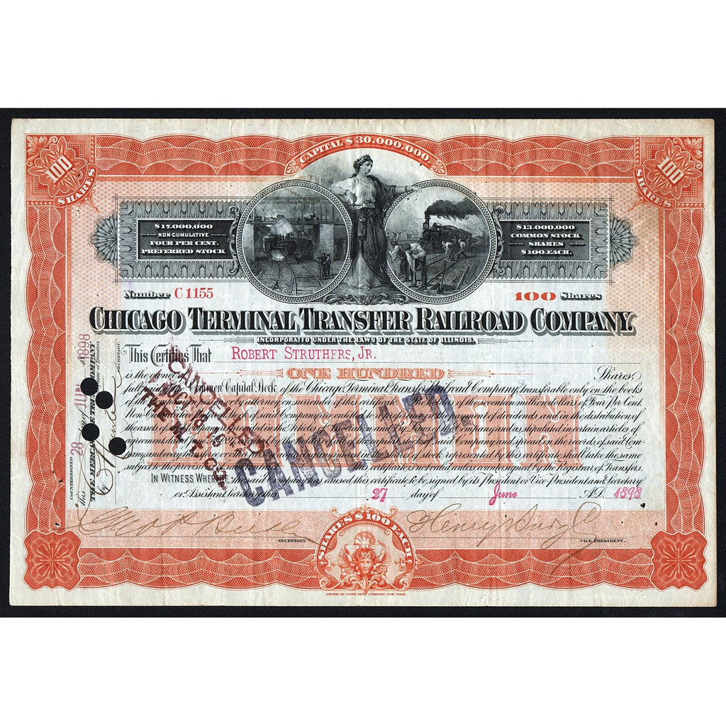 Chicago Terminal Tansfer Railroad Company 1898 Stock Certificate