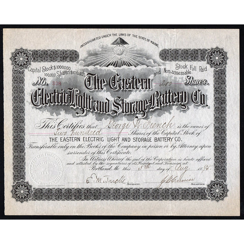 The Eastern Electric Light and Storage Battery Co. Maine Stock Certificate