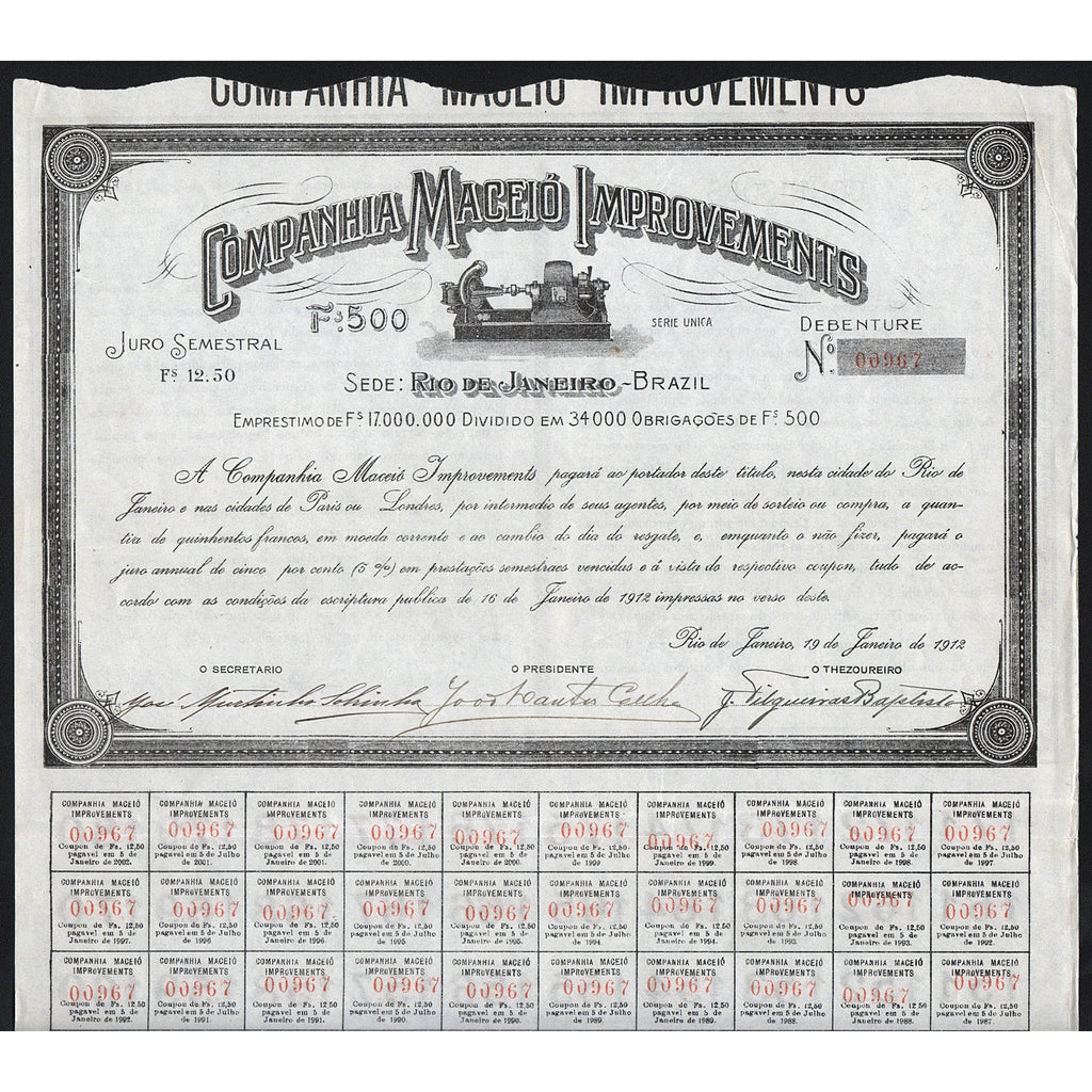 Companhia Maceio Improvements 1912 Brazil Rio de Janeiro Stock Certificate