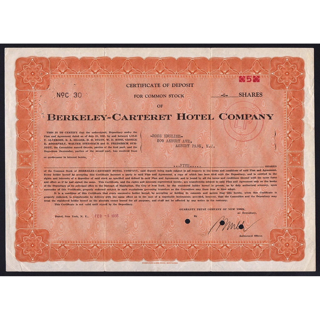 Berkeley-Carteret Hotel Company New York Stock Certificate