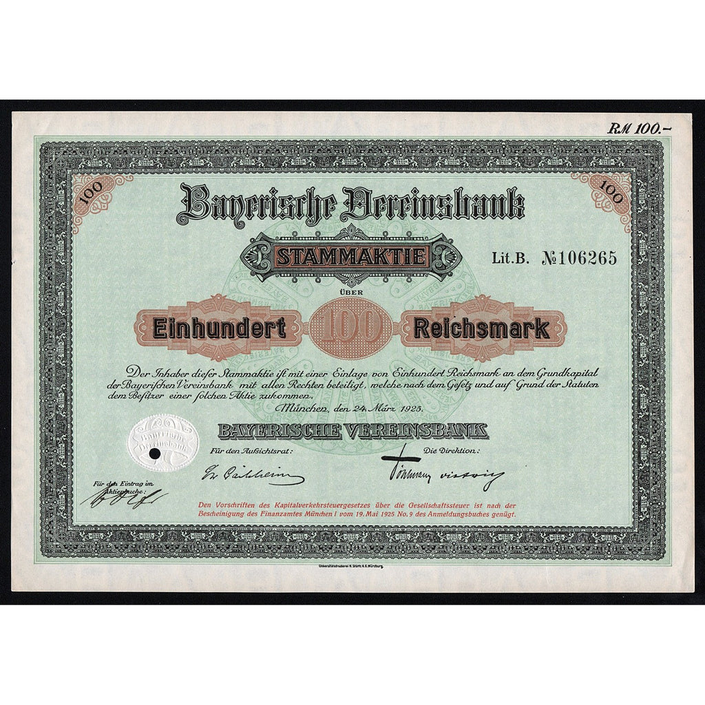 Bayerische Vereinsbank München Munich Germany 1923 Stock Certificate