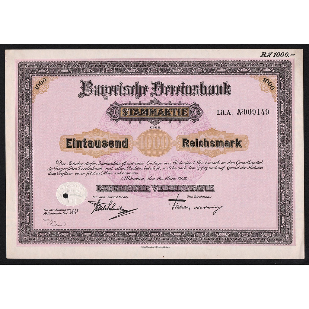 Bayerische Vereinsbank München Munich 1923 Germany Stock Certificate
