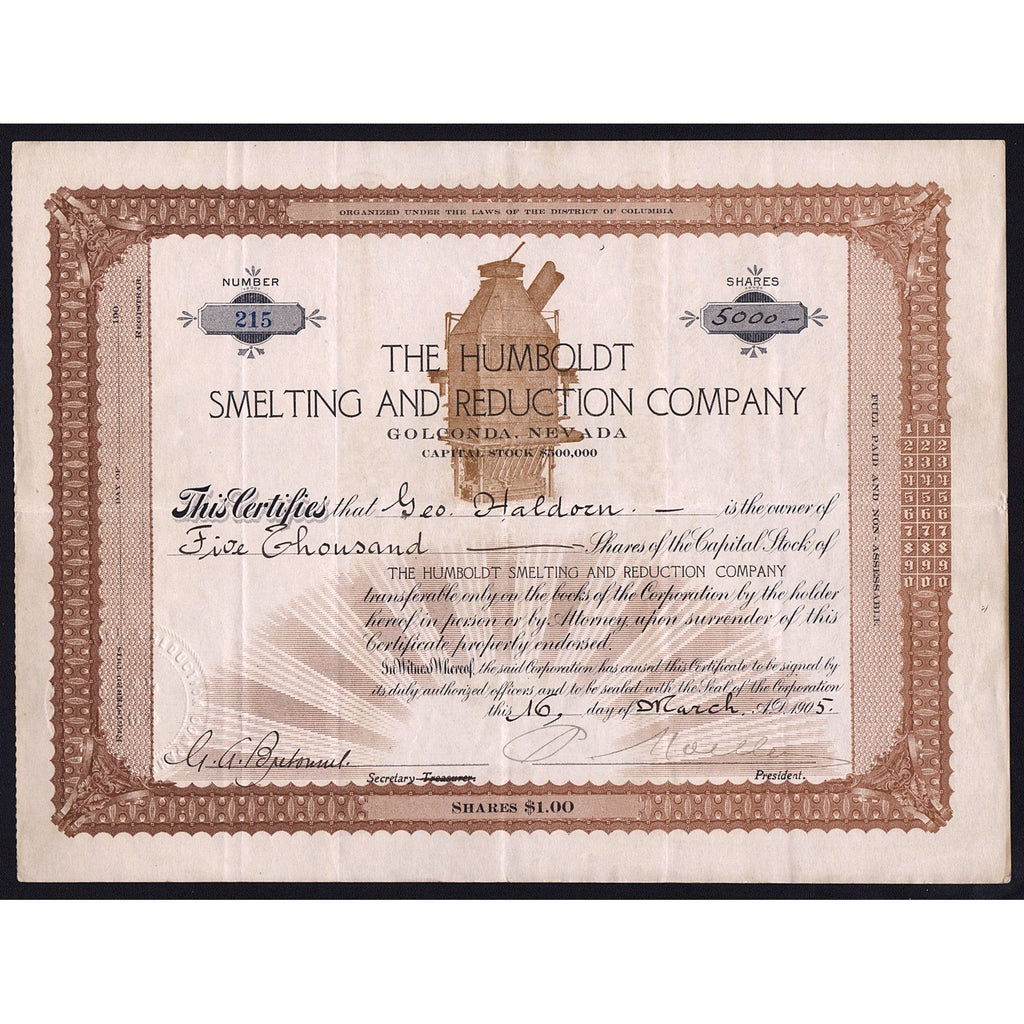 Humboldt Smelting and Reduction Company (Golconda, Nevada) Stock Certificate