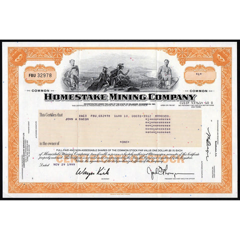 Homestake Mining Company Stock Certificate