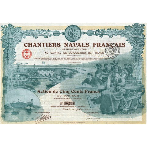 Chantiers Navals Francais Societe Anonyme 1918 France Stock Certificate