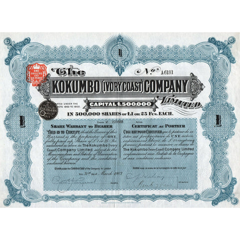The Kokumbo (Ivory Coast) Company Limited 1903 Stock Certificate