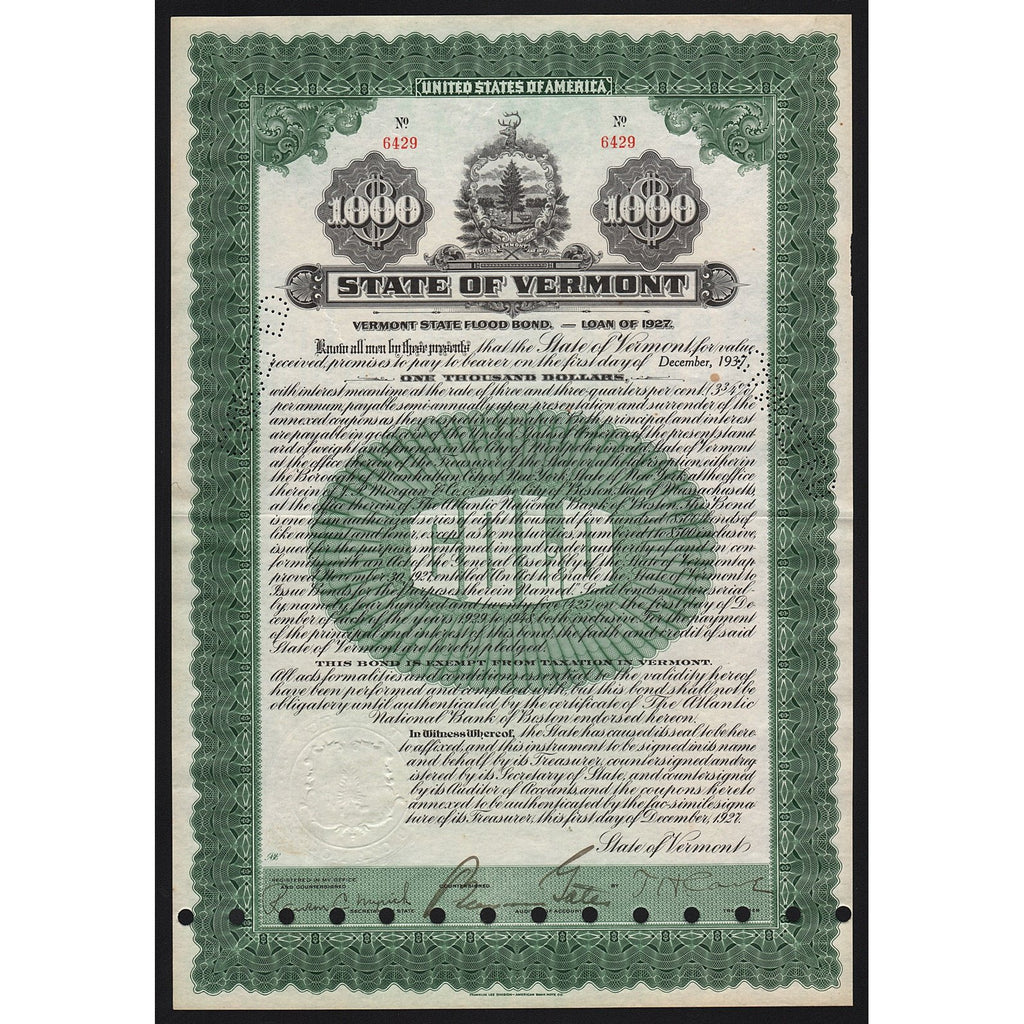 State of Vermont Flood Bond 1927 Stock Certificate