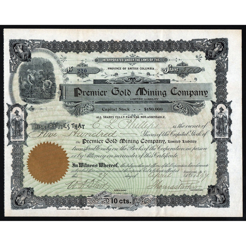Premier Gold Mining Company 1897 Rossland BC Canada Stock Certificate