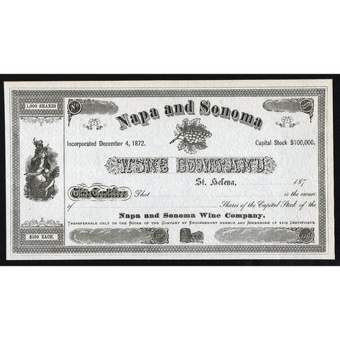 Napa and Sonoma Wine Company St. Helena California 1870s Stock Certificate