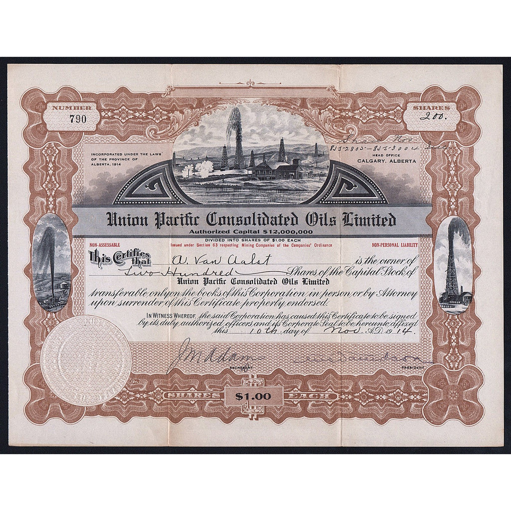 Union Pacific Consolidated Oils Limited 1914 Alberta Stock Certificate